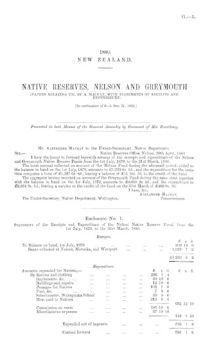 NATIVE RESERVES, NELSON AND GREYMOUTH (PAPERS RELATING TO), BY A. MACKAY, WITH STATEMENTS OF RECEIPTS AND EXPENDITURE. [In continuation of G-.-3, Sess. II., 1879.]
