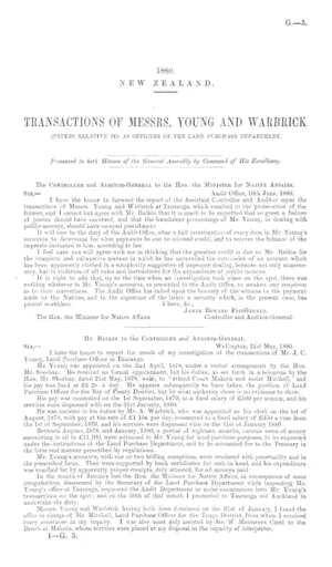 TRANSACTIONS OF MESSRS. YOUNG AND WARBRICK (PAPERS RELATIVE TO) AS OFFICERS OF THE LAND PURCHASE DEPARTMENT.