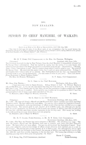 PENSION TO CHIEF MANUHIRI, OF WAIKATO. (CORRESPONDENCE RESPECTING.)