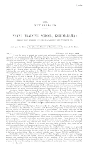 NAVAL TRAINING SCHOOL, KOHIMARAMA: (REPORT UPON INQUIRY INTO THE MANAGEMENT AND WORKING OF).