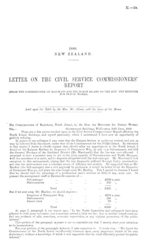 LETTER ON THE CIVIL SERVICE COMMISSIONERS' REPORT (FROM THE COMMISSIONER OF RAILWAYS FOR THE NORTH ISLAND TO THE HON. THE MINISTER FOR PUBLIC WORKS).