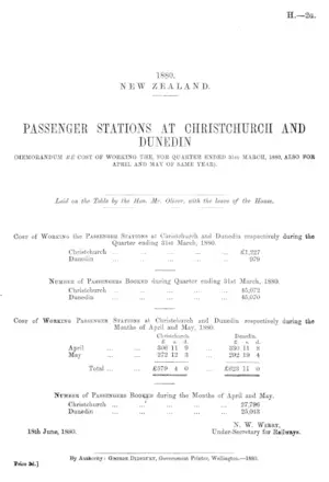 PASSENGER STATIONS AT CHRISTCHURCH AND DUNEDIN (MEMORANDUM RE COST OF WORKING THE, FOR QUARTER ENDED 31st MARCH, 1880, ALSO FOR APRIL AND MAY OF SAME YEAR).