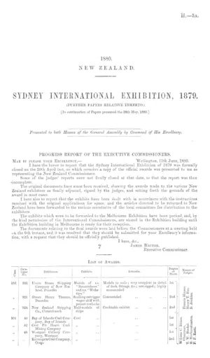 SYDNEY INTERNATIONAL EXHIBITION, 1879. (FURTHER PAPERS RELATIVE THERETO.) [In continuation of Papers presented the 28th May, 1880.]