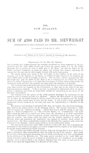 SUM OF Â£300 PAID TO MR. SIEVWRIGHT (MEMORANDUM BY THE CONTROLLER AND AUDITOR-GENERAL RELATING TO). [In continuation of H.-36, Sess. II., 1879.]