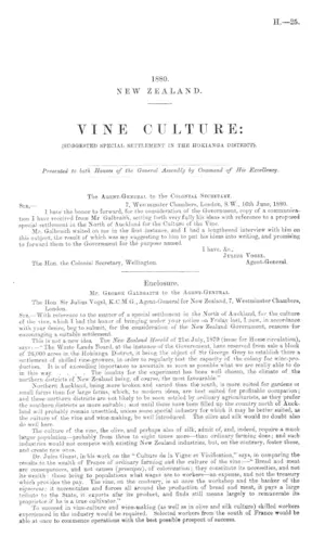 VINE CULTURE: (SUGGESTED SPECIAL SETTLEMENT IN THE HOKIANGA DISTRICT).