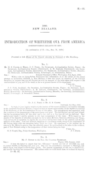 INTRODUCTION OF WHITEFISH OVA FROM AMERICA (CORRESPONDENCE RELATIVE TO THE). [In continuation of H.—14a., Sess. II., 1879.]