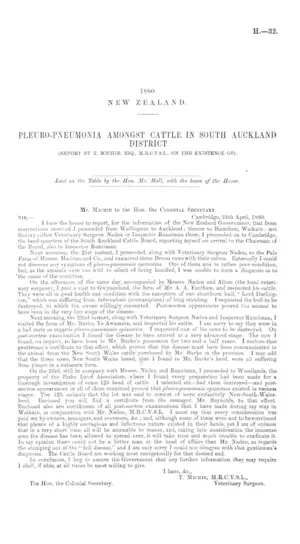 PLEURO-PNEUMONIA AMONGST CATTLE IN SOUTH AUCKLAND DISTRICT (REPORT BY T. MICHIE, ESQ., M.R.C.V.S.L., ON THE EXISTENCE OF).