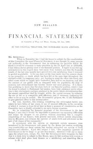 FINANCIAL STATEMENT (In Committee of Ways and Means, Tuesday, 8th June, 1880) BY THE COLONIAL TREASURER, THE HONORABLE MAJOR ATKINSON.