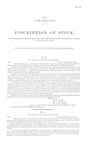 INSCRIPTION OF STOCK. PAPERS RESPECTING OPERATIONS UNDER "THE NEW ZEALAND CONSOLIDATED STOCK ACT, 1877." (In continuation of 8.-6, 1878.)