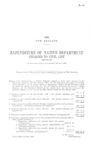 EXPENDITURE OF NATIVE DEPARTMENT CHARGED TO CIVIL LIST (RETURN OF). [In continuation of Papers 15.—8, presented 11th June, 1880.]