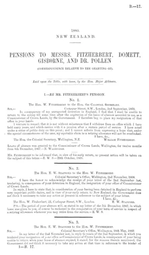 PENSIONS TO MESSRS. FITZHERBERT, DOMETT, GISBORNE, AND DR. POLLEN (CORRESPONDENCE RELATIVE TO THE GRANTING OF).