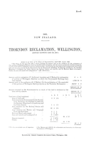 THORNDON RECLAMATION, WELLINGTON, (RETURN SHOWING COST OF, ETC.)