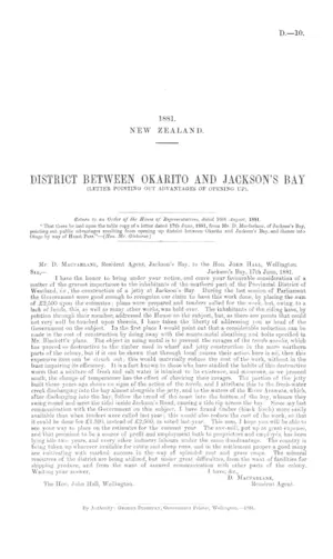 DISTRICT BETWEEN OKARITO AND JACKSON'S BAY (LETTER POINTING OUT ADVANTAGES OF OPENING UP).