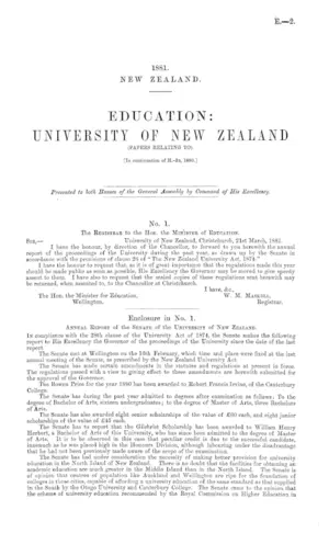 EDUCATION: UNIVERSITY OF NEW ZEALAND (PAPERS RELATING TO). [In continuation of H.-1b, 1880.]