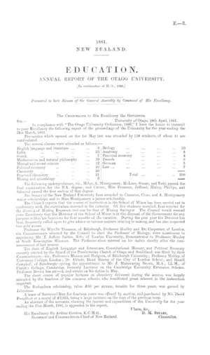 EDUCATION. ANNUAL REPORT OF THE OTAGO UNIVERSITY. [In continuation of H.-1c, 1880.]