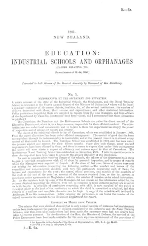 EDUCATION: INDUSTRIAL SCHOOLS AND ORPHANAGES (PAPERS RELATING TO). [In continuation of H.-1k, 1880.]