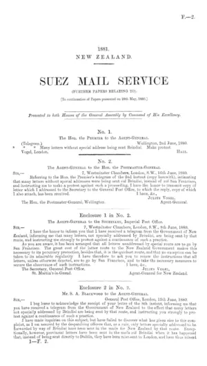 SUEZ MAIL SERVICE (FURTHER PAPERS RELATING TO). [In continuation of Papers presented on 28th May, 1880.]