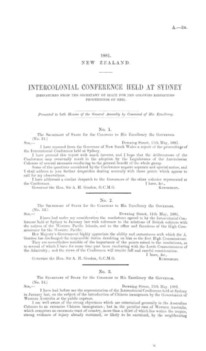 INTERCOLONIAL CONFERENCE HELD AT SYDNEY (DESPATCHES FROM THE SECRETARY OF STATE FOR THE COLONIES RESPECTING PROCEEDINGS OF THE).