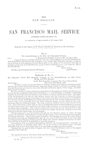SAN FRANCISCO MAIL SERVICE (FURTHER PAPERS RELATIVE TO). [In continuation of Papers presented on 17th August, 1880.]