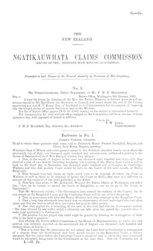 NGATIKAUWHATA CLAIMS COMMISSION (REPORT OF THE; TOGETHER WITH MINUTES OF EVIDENCE).