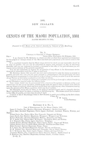 CENSUS OF THE MAORI POPULATION, 1881 (PAPERS RELATING TO THE).