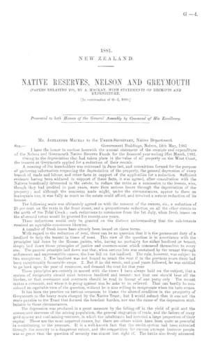 NATIVE RESERVES, NELSON AND GREYMOUTH (PAPERS RELATING TO), BY A. MACKAY, WITH STATEMENTS OF RECEIPTS AND EXPENDITURE. [In continuation of G.-3, 1880.]