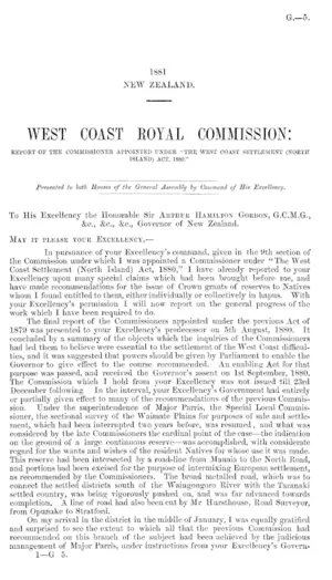 WEST COAST ROYAL COMMISSION: REPORT OF THE COMMISSIONER APPOINTED UNDER "THE WEST COAST SETTLEMENT (NORTH ISLAND) ACT, 1880."