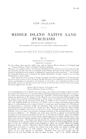 MIDDLE ISLAND NATIVE LAND PURCHASES (REPORT OF THE COMMISSION ON). [In continuation of G-7, Appendix to Journals of House of Representatives, 1880.]