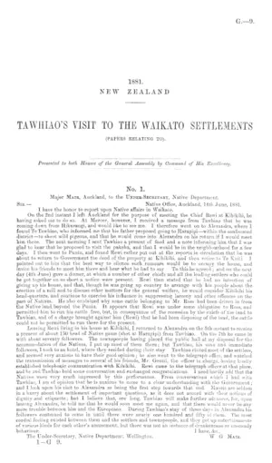 TAWHIAO'S VISIT TO THE WAIKATO SETTLEMENTS (PAPERS RELATING TO).