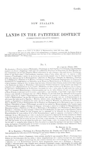 LANDS IN THE PATETERE DISTRICT (CORRESPONDENCE RELATIVE THERETO). [In continuation of G.-1, 1880.]