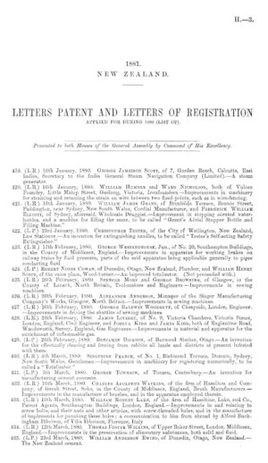 LETTERS PATENT AND LETTERS OF REGISTRATION APPLIED FOR DURING 1880 (LIST OF).