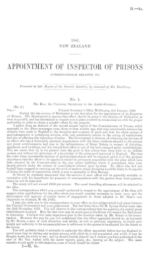 APPOINTMENT OF INSPECTOR OF PRISONS (CORRESPONDENCE RELATING TO).