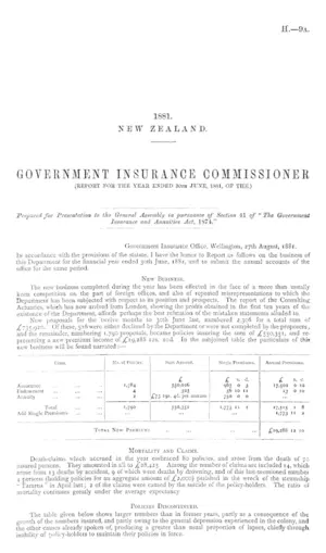 GOVERNMENT INSURANCE COMMISSIONER (REPORT FOR THE YEAR ENDED 30th JUNE, 1881, OF THE.)