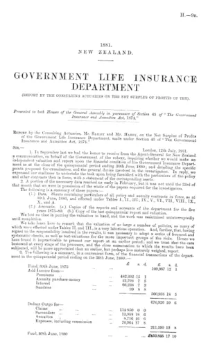 GOVERNMENT LIFE INSURANCE DEPARTMENT (REPORT BY THE CONSULTING ACTUARIES ON THE NET SURPLUS OF PROFITS OF THE).