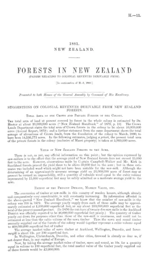 FORESTS IN NEW ZEALAND (PAPERS RELATING TO COLONIAL REVENUES DERIVABLE FROM). [In continuation of H.-3, 1880.]
