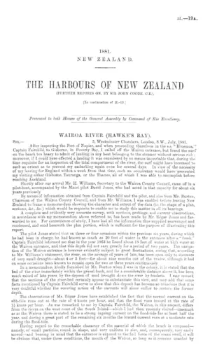 THE HARBOURS OF NEW ZEALAND (FURTHER REPORTS ON, BY SIR JOHN COODE, C.E.). [In continuation of H.-19.]