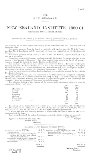 NEW ZEALAND INSTITUTE, 1880-81 (THIRTEENTH ANNUAL REPORT OF THE).
