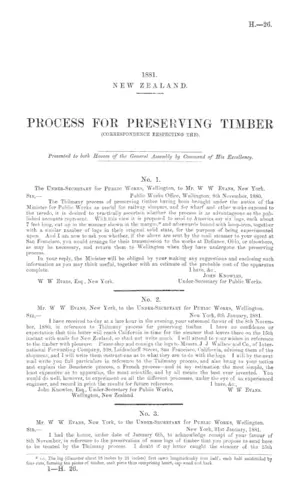 PROCESS FOR PRESERVING TIMBER (CORRESPONDENCE RESPECTING THE).