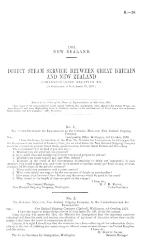 DIRECT STEAM SERVICE BETWEEN GREAT BRITAIN AND NEW ZEALAND (CORRESPONDENCE RELATIVE TO). [In Continuation of D.-2, Session II., 1879.]