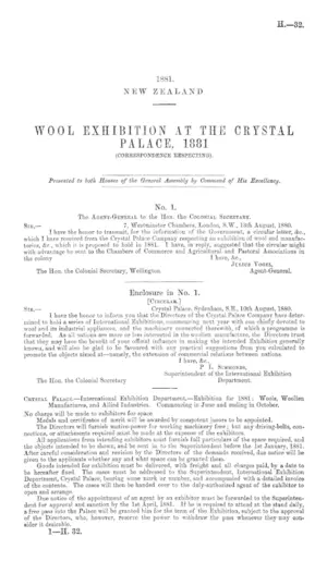WOOL EXHIBITION AT THE CRYSTAL PALACE, 1881 (CORRESPONDENCE RESPECTING).