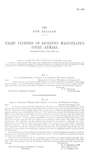 NIGHT SITTINGS OF RESIDENT MAGISTRATE'S COURT, KUMARA (CORRESPONDENCE RELATING TO).