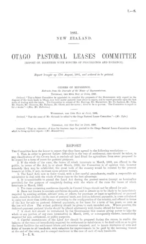 OTAGO PASTORAL LEASES COMMITTEE (REPORT OF, TOGETHER WITH MINUTES OF PROCEEDINGS AND EVIDENCE).