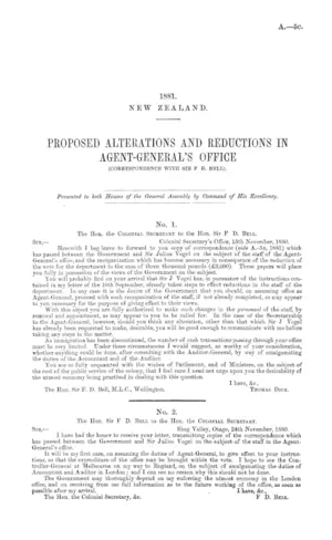 PROPOSED ALTERATIONS AND REDUCTIONS IN AGENT-GENERAL'S OFFICE (CORRESPONDENCE WITH SIR F. D. BELL).