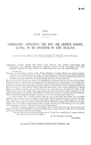 COMMISSION APPOINTING THE HON. SIR ARTHUR GORDON, G.C.M.G., TO BE GOVERNOR OF NEW ZEALAND.
