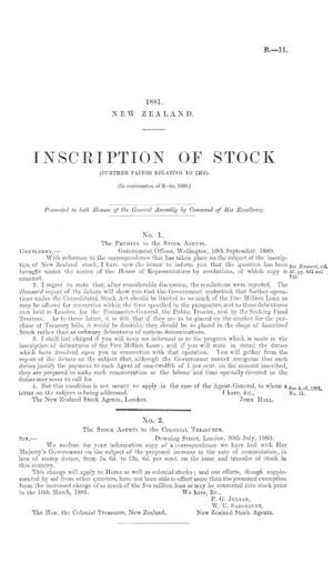 INSCRIPTION OF STOCK (FURTHER PAPERS RELATING TO THE). (In continuation of B.-4b, 1880.)