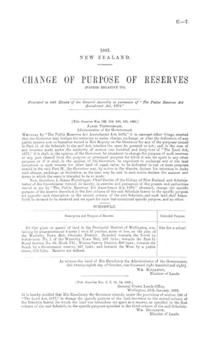 CHANGE OF PURPOSE OF RESERVES (PAPERS RELATIVE TO).