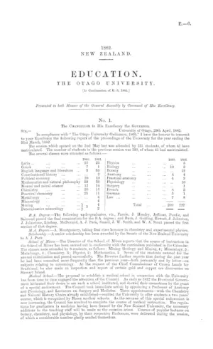 EDUCATION. THE OTAGO UNIVERSITY. [In Continuation of E.-3, 1881.]