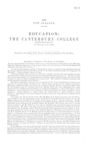 EDUCATION: THE CANTERBURY COLLEGE (PAPERS RELATING TO). [In Continuation of E.-4, 1881.]