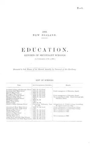 EDUCATION. REPORTS OF SECONDARY SCHOOLS. [In Continuation of E.-5, 1881.]