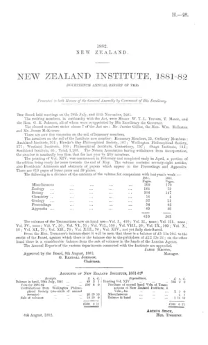 NEW ZEALAND INSTITUTE, 1881-82 (FOURTEENTH ANNUAL REPORT OF THE)
